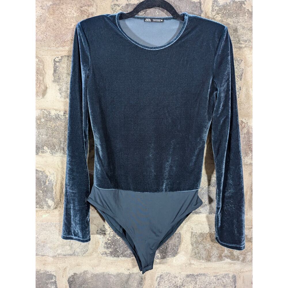 Zara Bodysuit Woman's Medium Teal Green Velvet Holiday Party Soft Festival‎